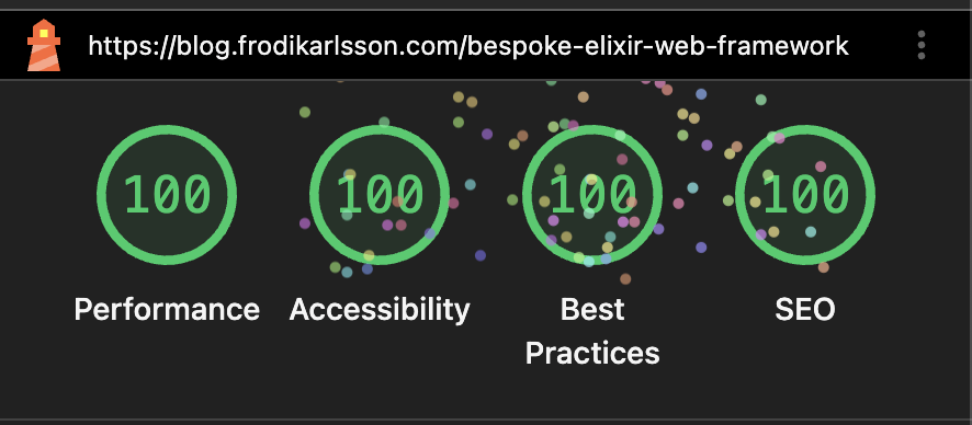 Web Vitals: Performance 100, Accessibility 100, Best Practices 100, SEO 100